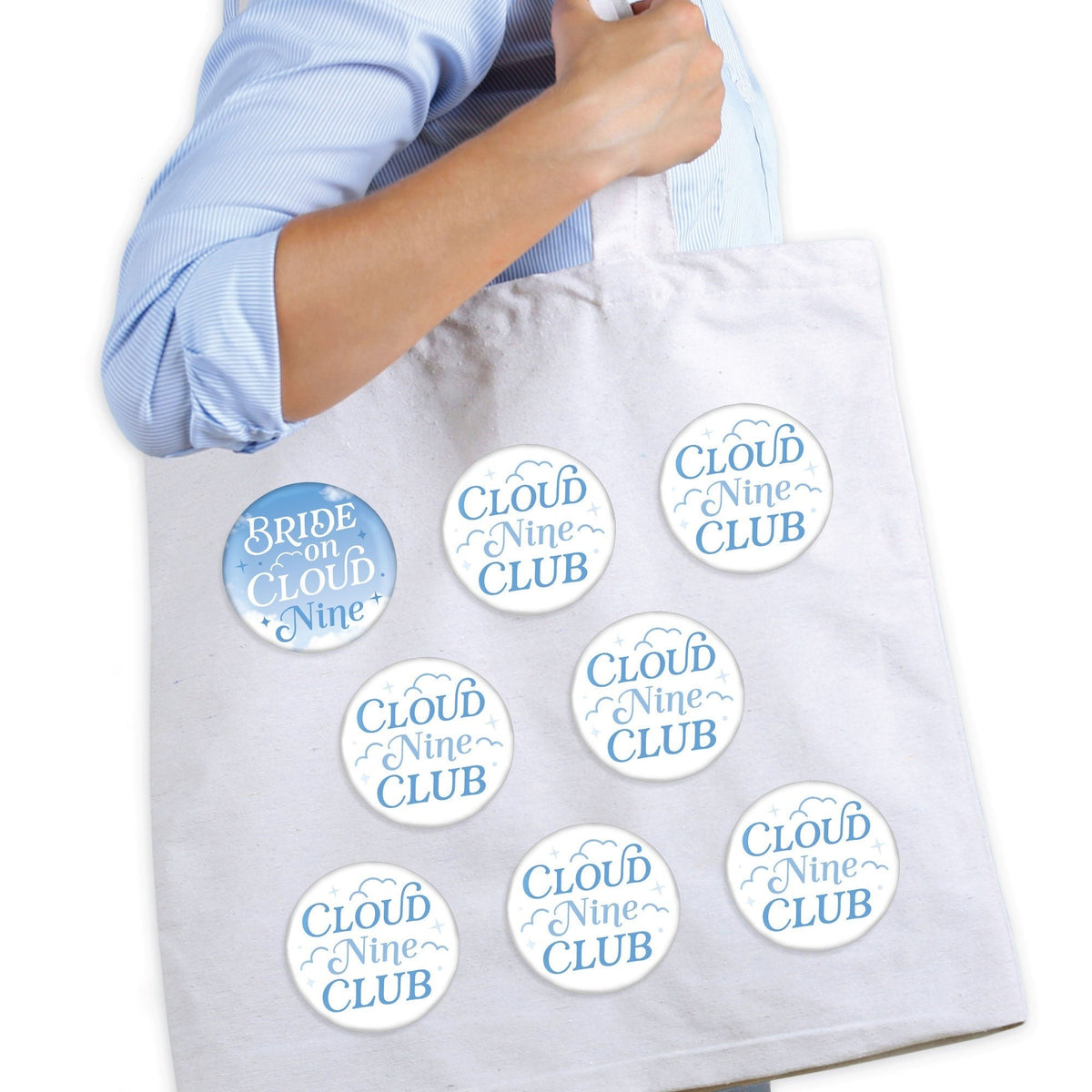 On Cloud 9 - 3 inch Bridal or Bachelorette Party Badge - Pinback Buttons - Set of 8