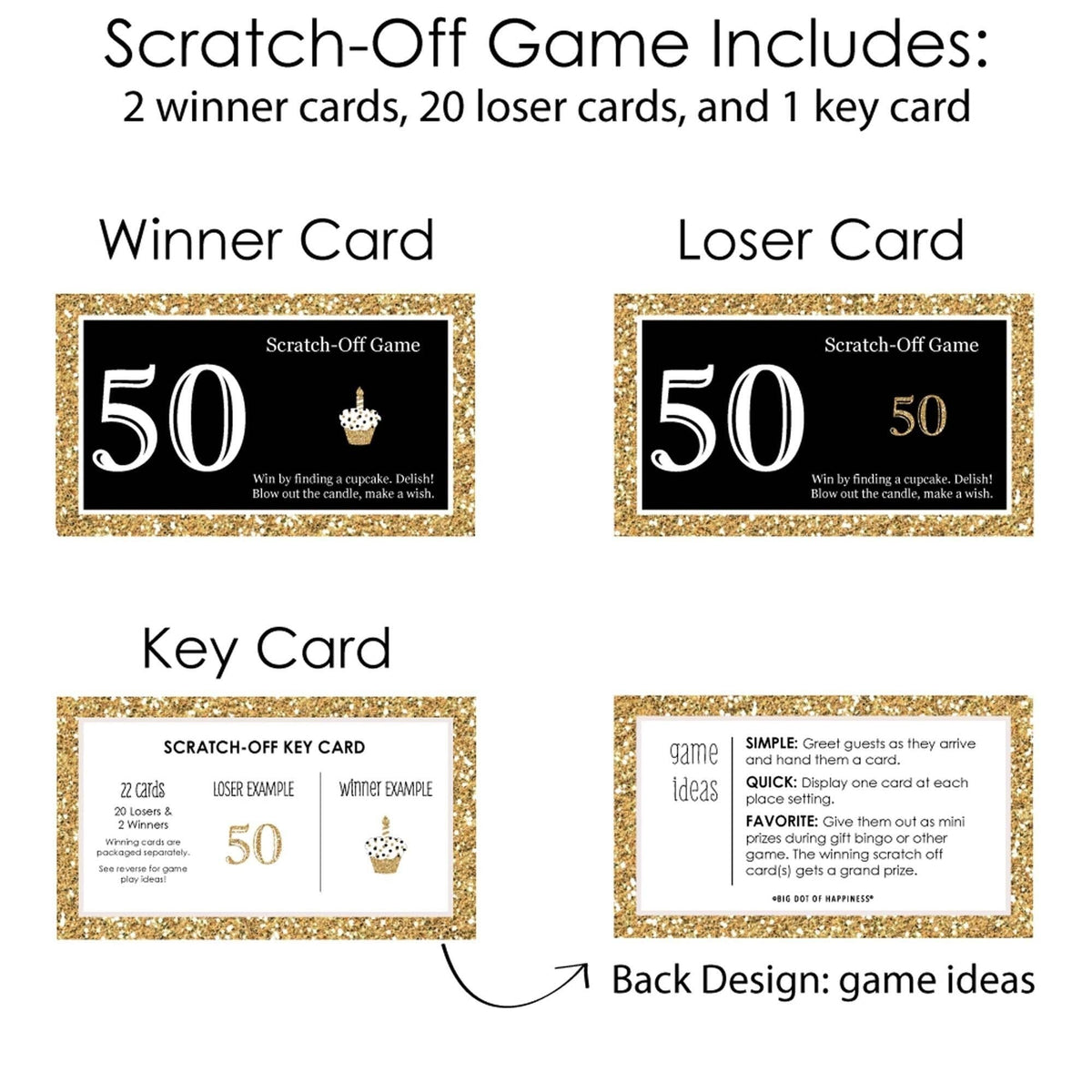 Adult 50th Birthday - Gold - Birthday Party Game Scratch Off Cards - 22 ct