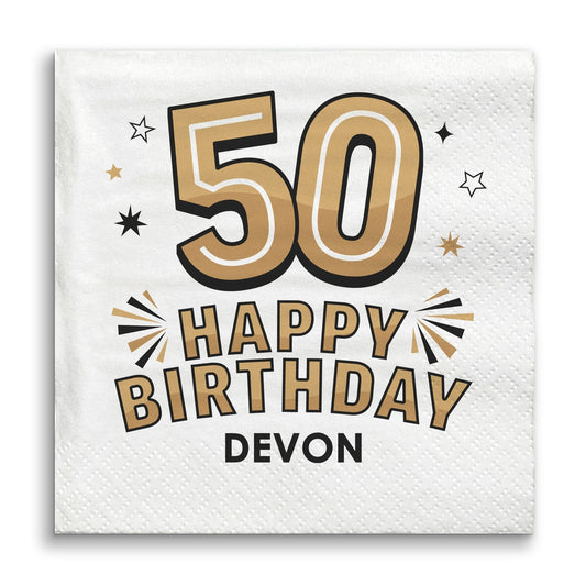 Custom Text Napkins - Black & Gold 50th Birthday