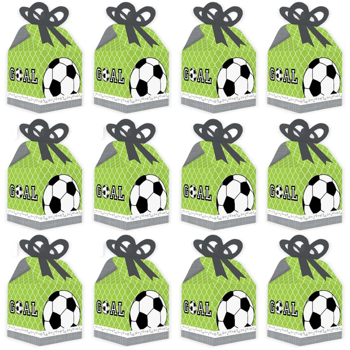 GOAAAL! - Soccer - Square Favor Gift Boxes - Baby Shower or Birthday Party Bow Boxes - Set of 12