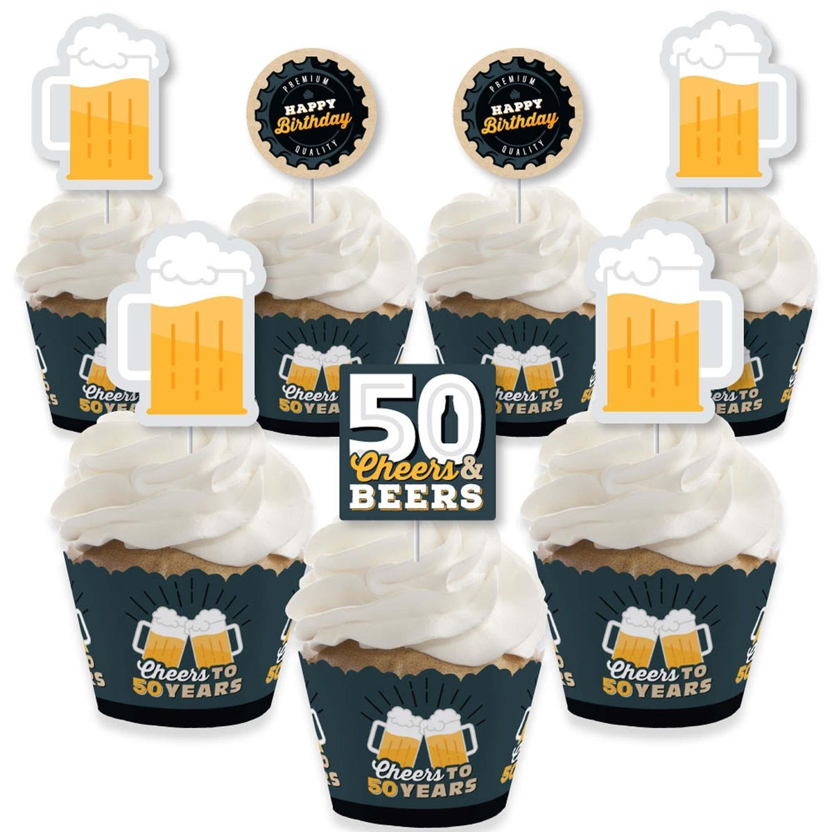 Cheers and Beers to 50 Years - Cupcake Decoration - 50th Birthday Party Cupcake Wrappers and Treat Picks Kit - Set of 24