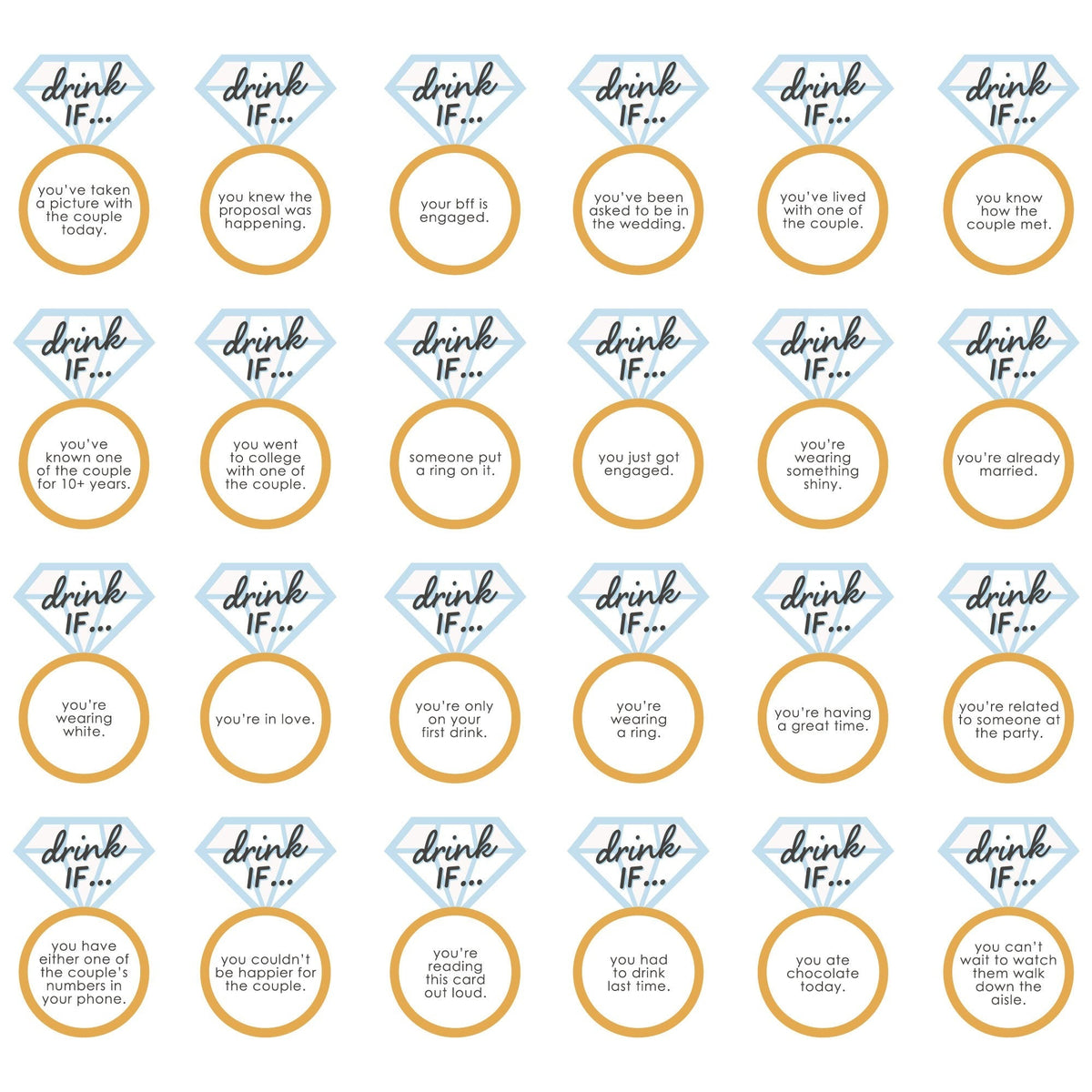 Drink If Game - Just Engaged - Black and White - Engagement Party Game - 24 Count