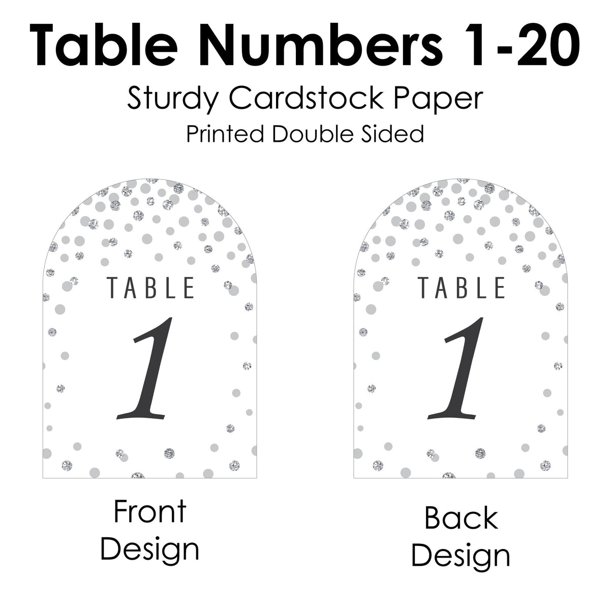 Silver Wedding - Wedding Receptions, Parties or Events Double-Sided 5 x 7 inches Cards - Table Numbers - 1-20