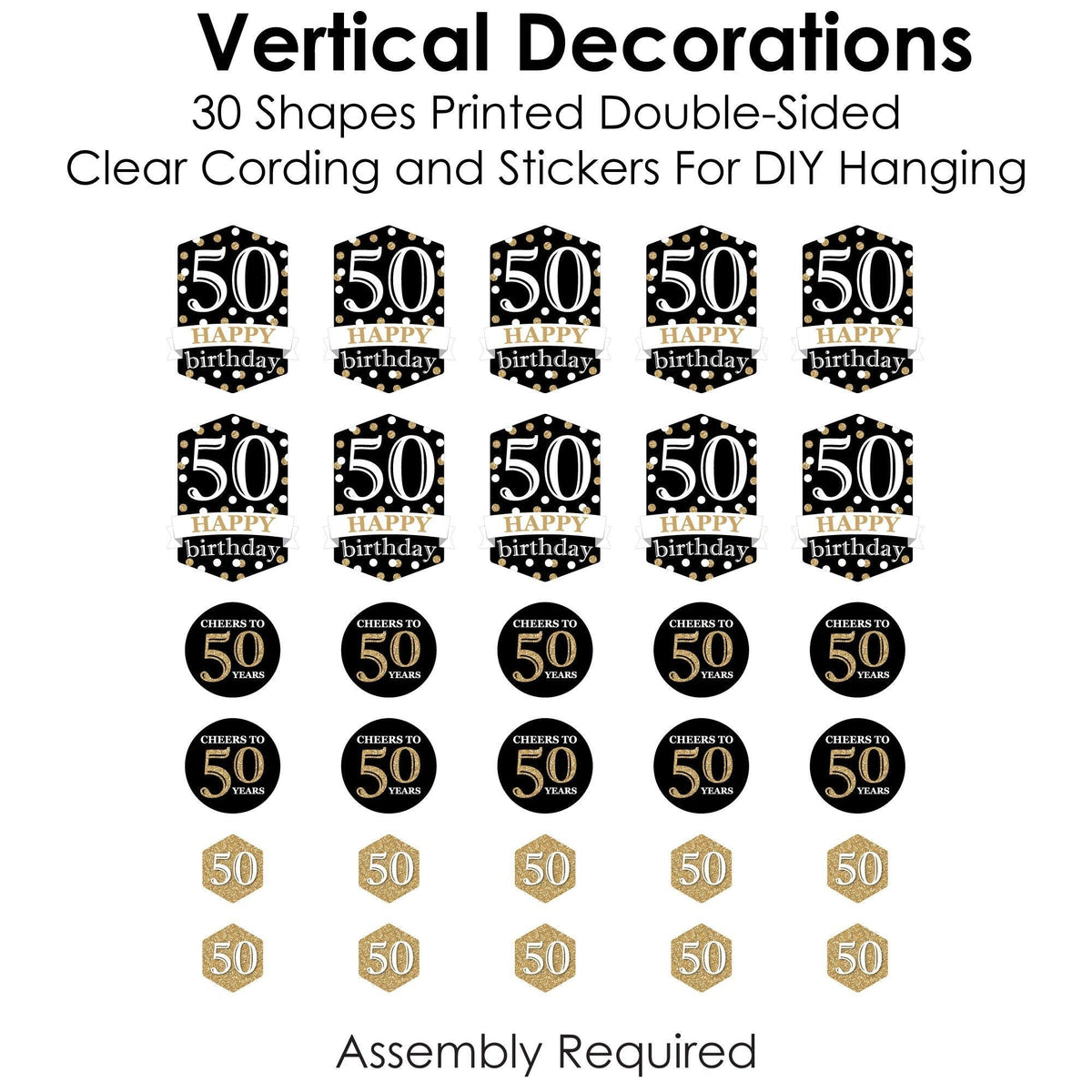 Adult 50th Birthday - Gold - Birthday Party DIY Dangler Backdrop - Hanging Vertical Decorations - 30 Pieces