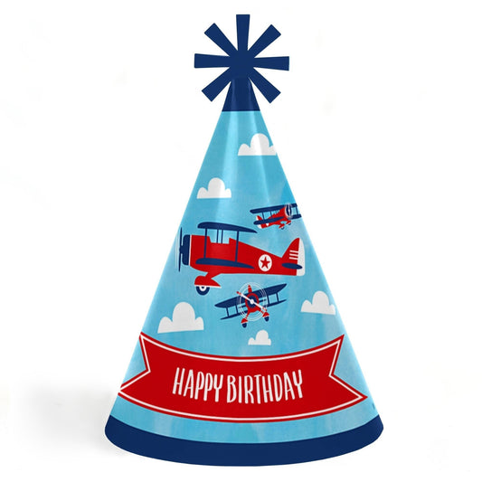 Taking Flight - Airplane - Cone Happy Birthday Party Hats for Kids and Adults - Set of 8 (Standard Size)