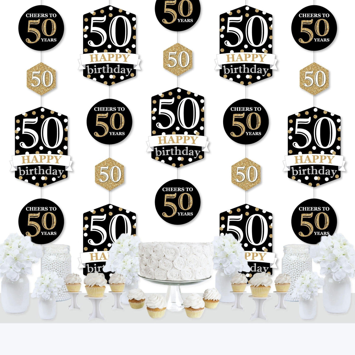 Adult 50th Birthday - Gold - Birthday Party DIY Dangler Backdrop - Hanging Vertical Decorations - 30 Pieces