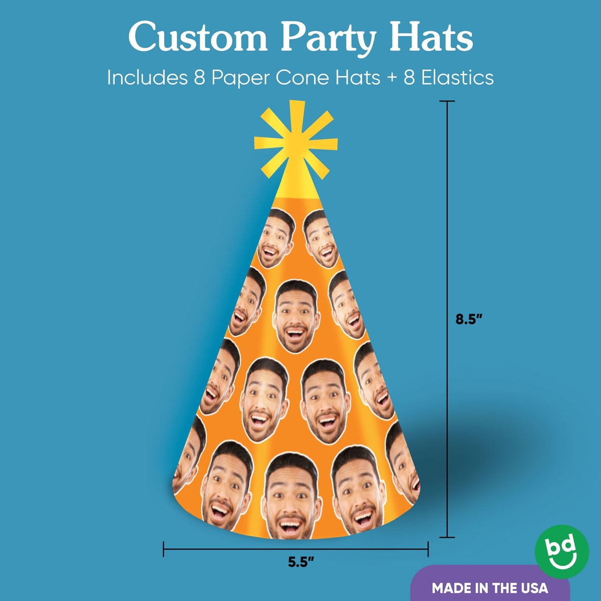 Custom Face Pick Your Own Color Cone Hats - 8 Ct