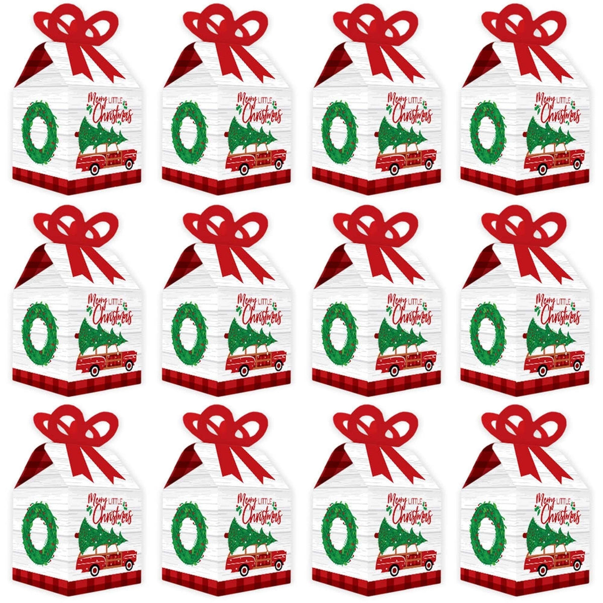 Merry Little Christmas Tree - Square Favor Gift Boxes - Red Car Christmas Party Bow Boxes - Set of 12