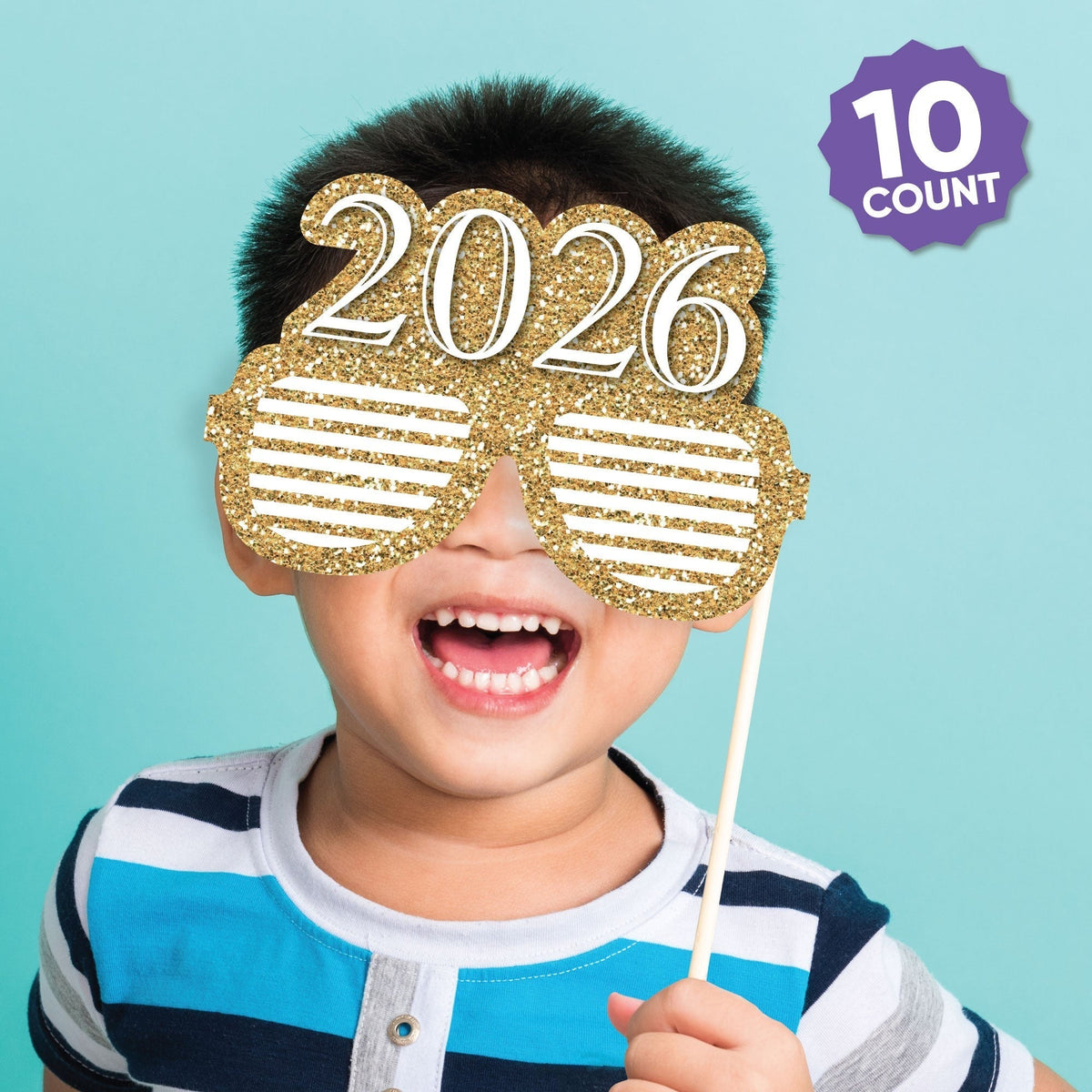 New Year's Eve - Gold Glasses - Paper Card Stock 2026 New Year’s Eve Party Photo Booth Props Kit - 10 Count