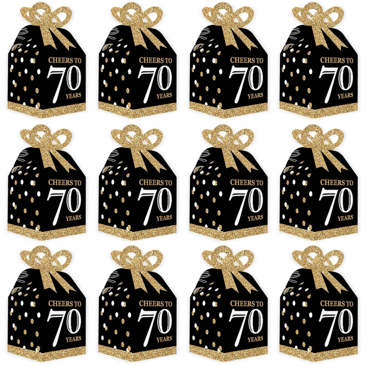 Adult 70th Birthday - Gold - Square Favor Gift Boxes - Birthday Party Bow Boxes - Set of 12