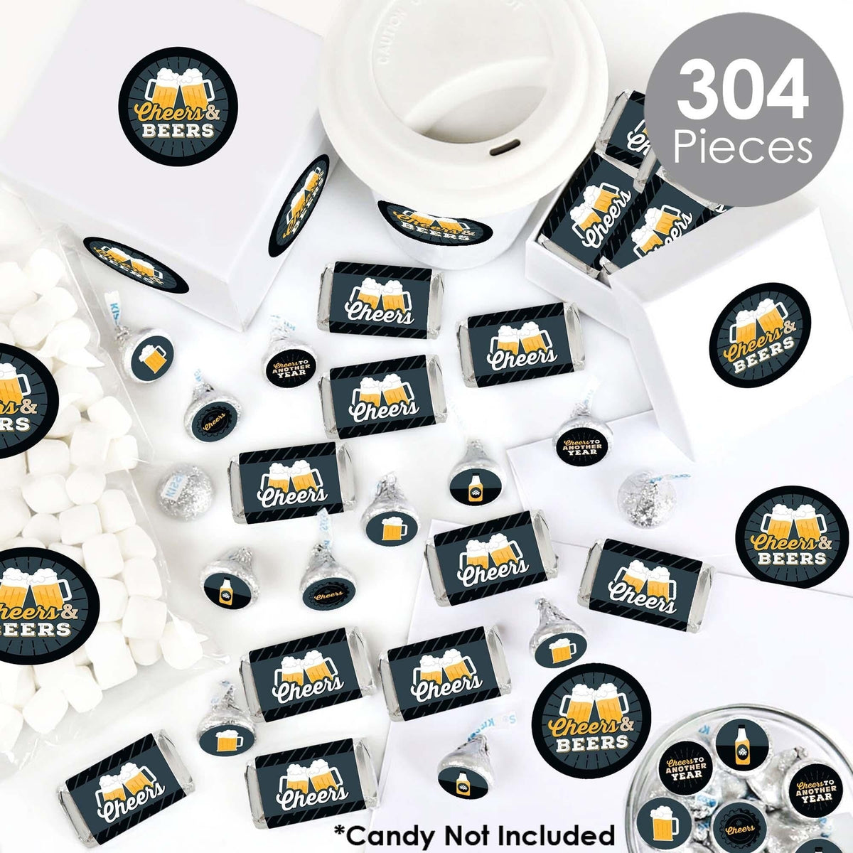 Cheers and Beers Happy Birthday - Mini Candy Bar Wrappers, Round Candy Stickers and Circle Stickers - Candy Favor Sticker Kit - 304 Pieces