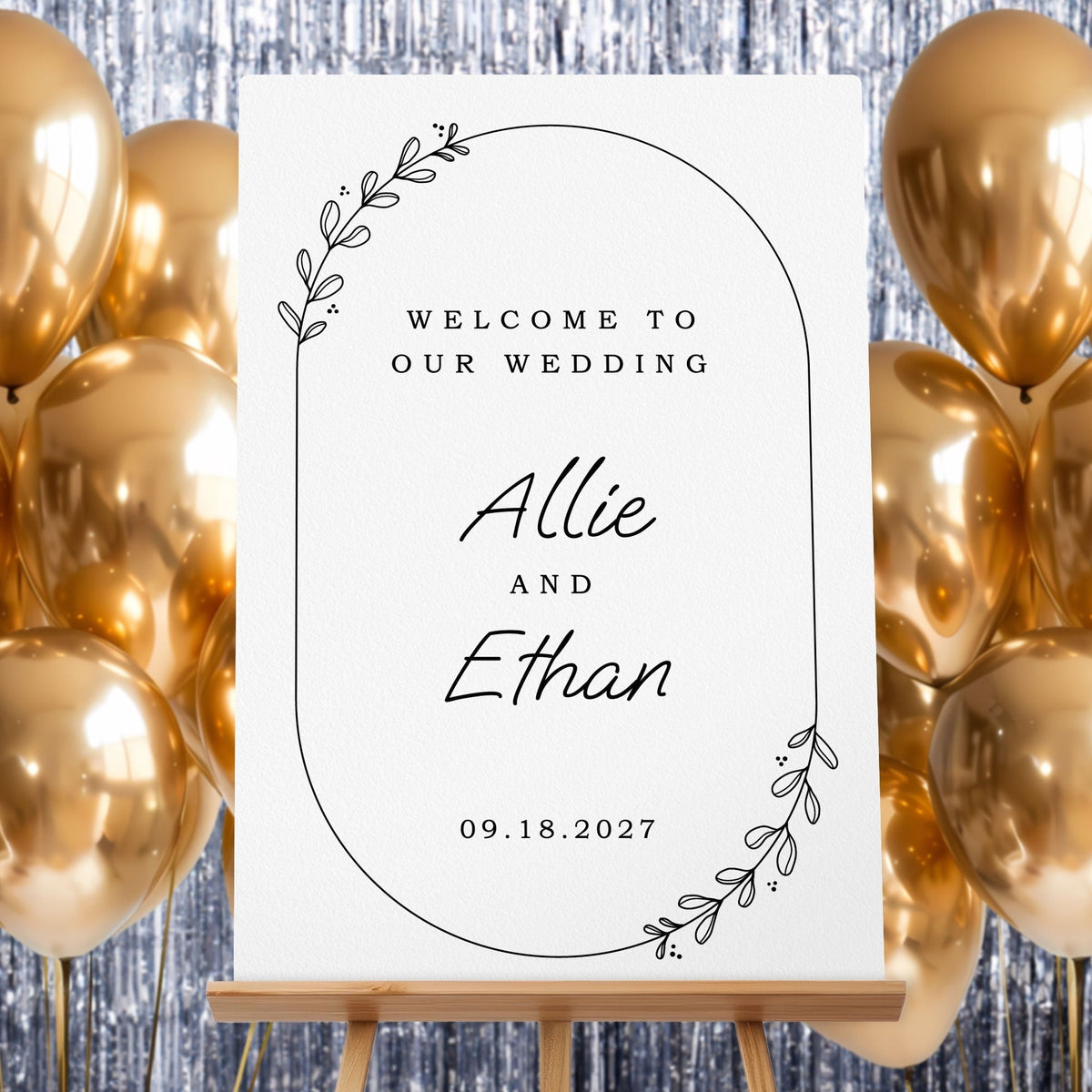 Personalized Text Rustic Leaves Wedding Hearts Welcome Sign (Select Your Size)