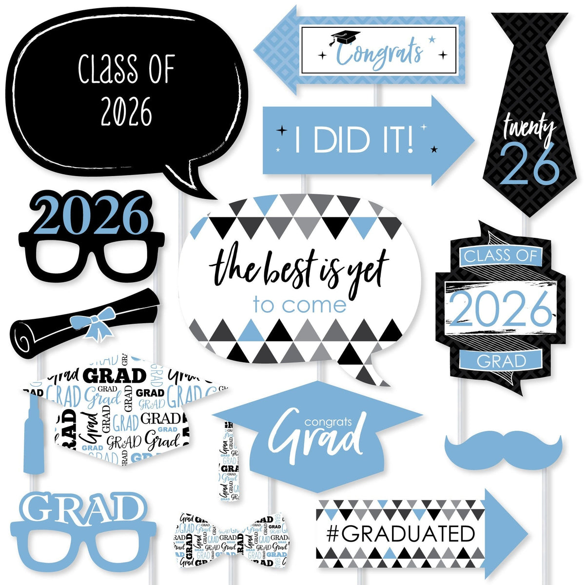 Light Blue Grad - 2026 Graduation Party Photo Booth Props Kit - 20 Count