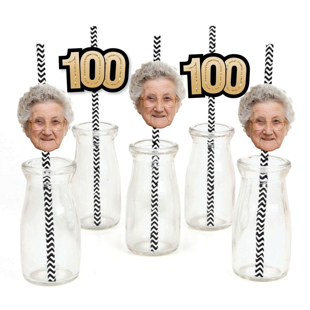 Custom 100th Birthday Face Cutout Straw Decor - 24 Ct