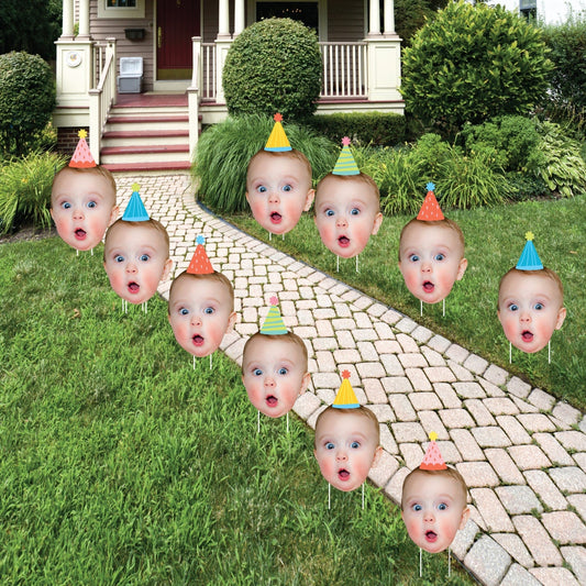 Custom Face Yard Signs - Party Time Colorful Birthday - 10 Pc