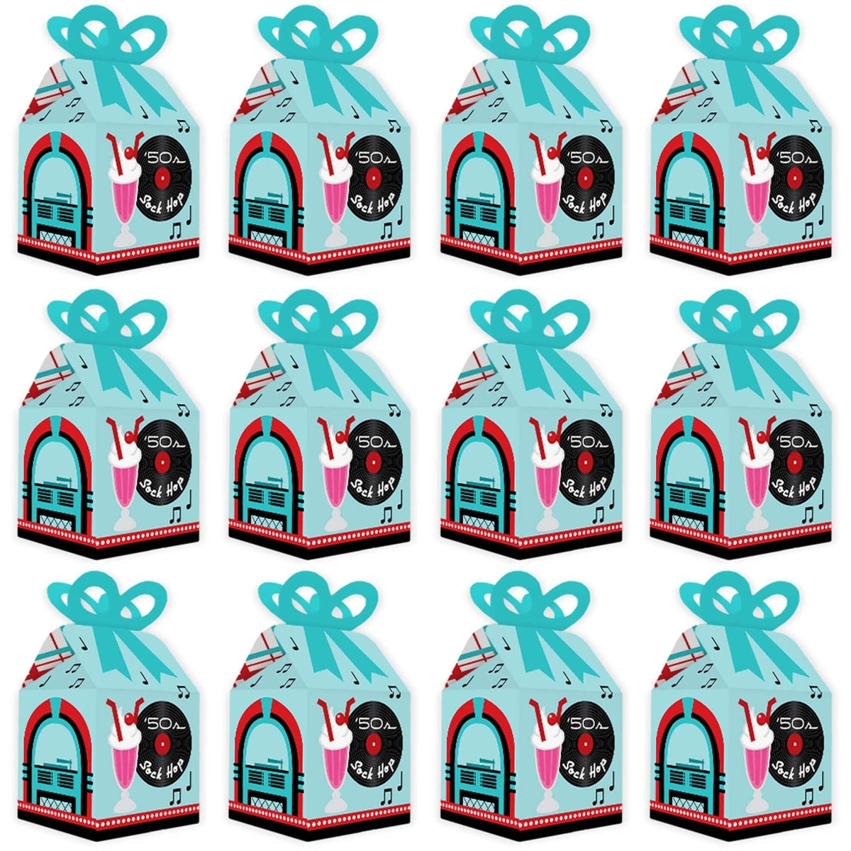 50's Sock Hop - Square Favor Gift Boxes - 1950s Rock N Roll Party Bow Boxes - Set of 12