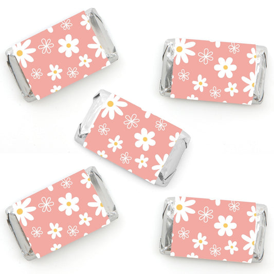 Pink Daisy Flowers - Mini Candy Bar Wrapper Stickers - Floral Party Small Favors - 40 Count