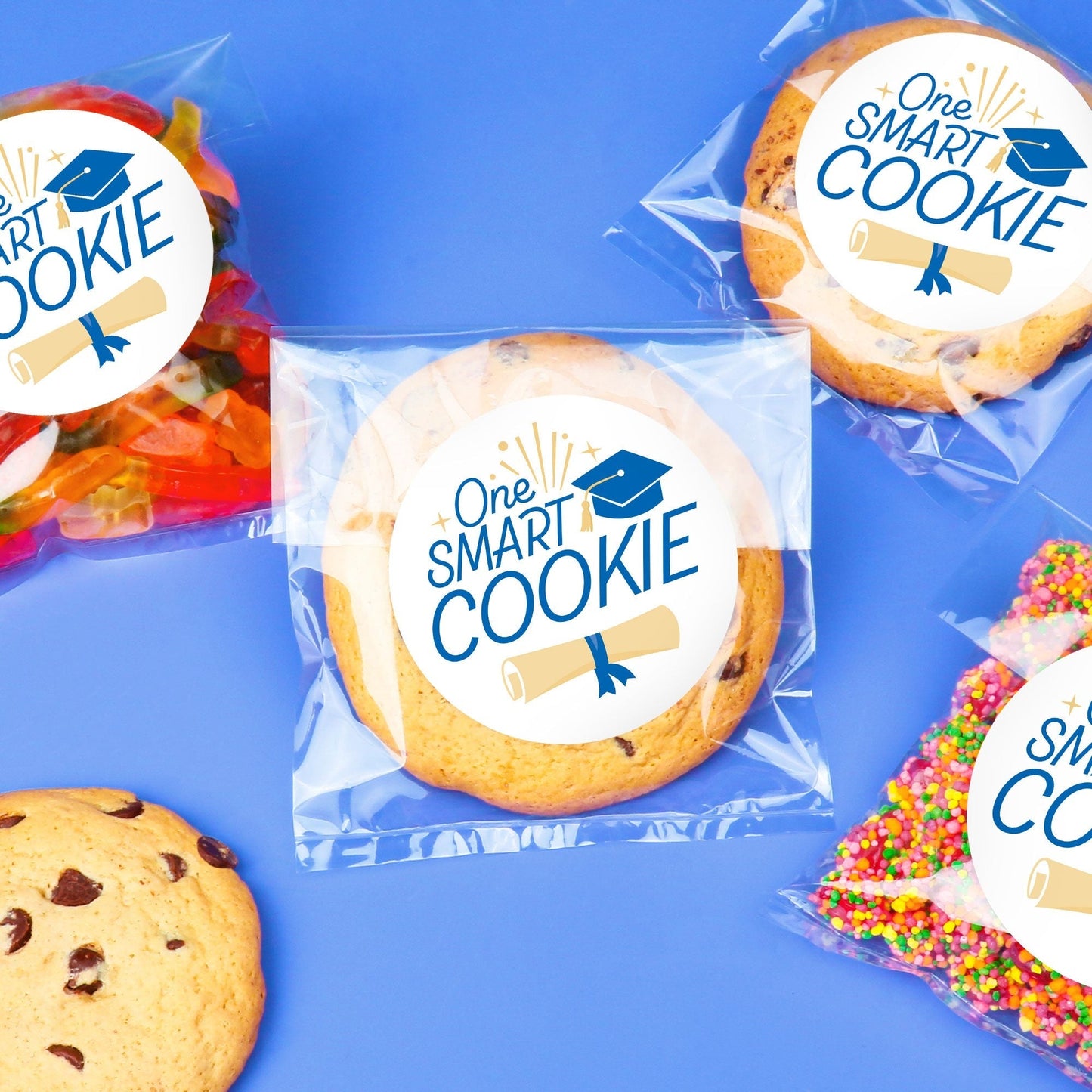 Blue Grad Stickers & Clear Cookie Bags - 25 Ct