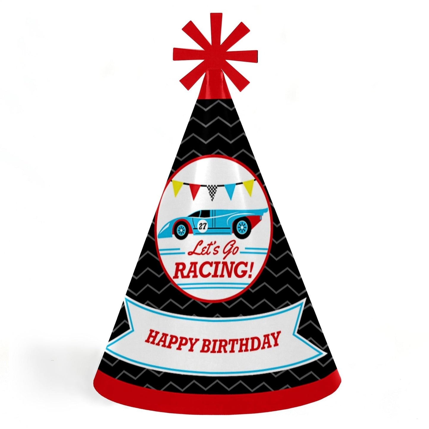 Let's Go Racing - Racecar - Cone Race Car Happy Birthday Party Hats for Kids and Adults - Set of 8 (Standard Size)