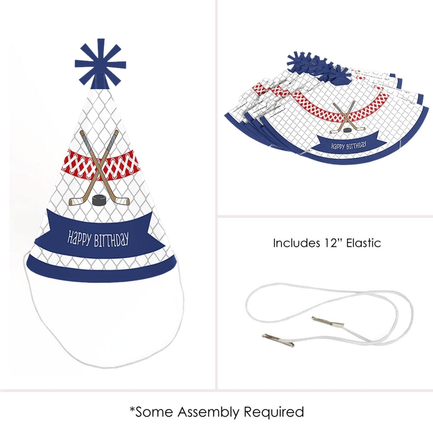Shoots and Scores - Hockey - Cone Happy Birthday Party Hats for Kids and Adults - Set of 8 (Standard Size)