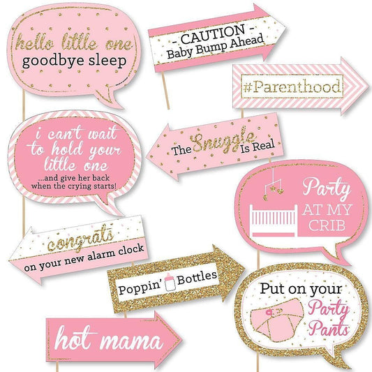 Funny Hello Little One - Pink and Gold - 10 Piece Girl Baby Shower Photo Booth Props Kit