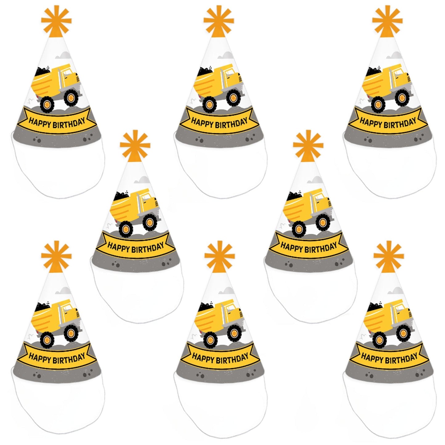 Dig It - Construction Party Zone - Cone Happy Birthday Party Hats for Kids and Adults - Set of 8 (Standard Size)