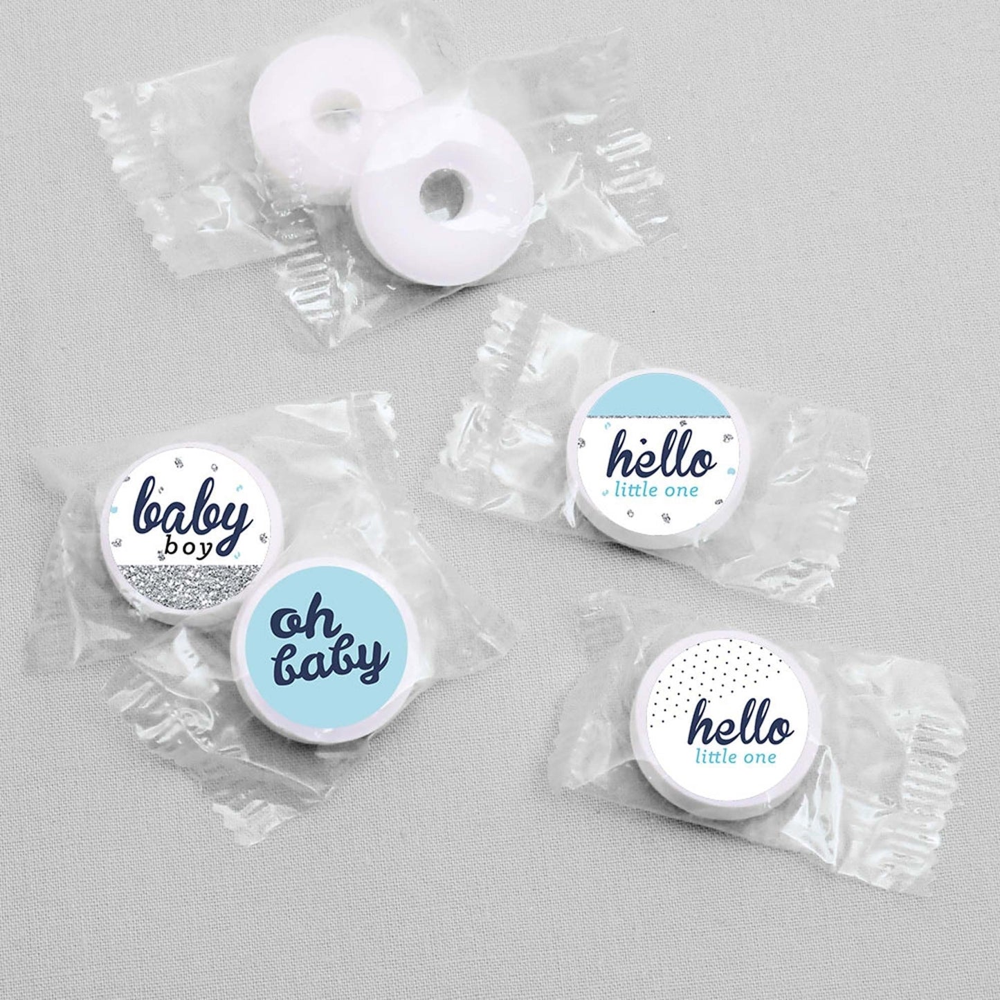 Hello Little One - Blue and Silver - Round Candy Labels Party Favors - Fits Hershey's Kisses - 108 ct