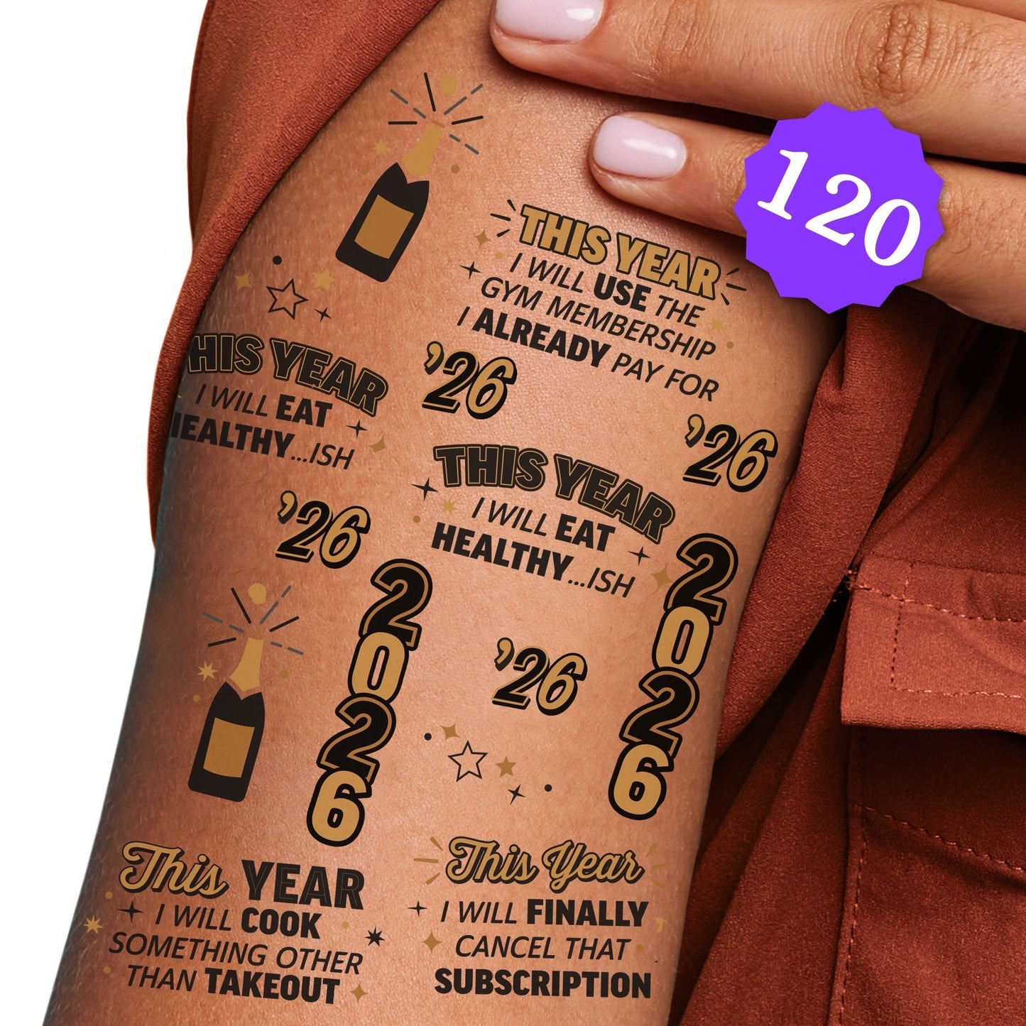 Happy New Year Resolution Temporary Tattoos - 120 Ct