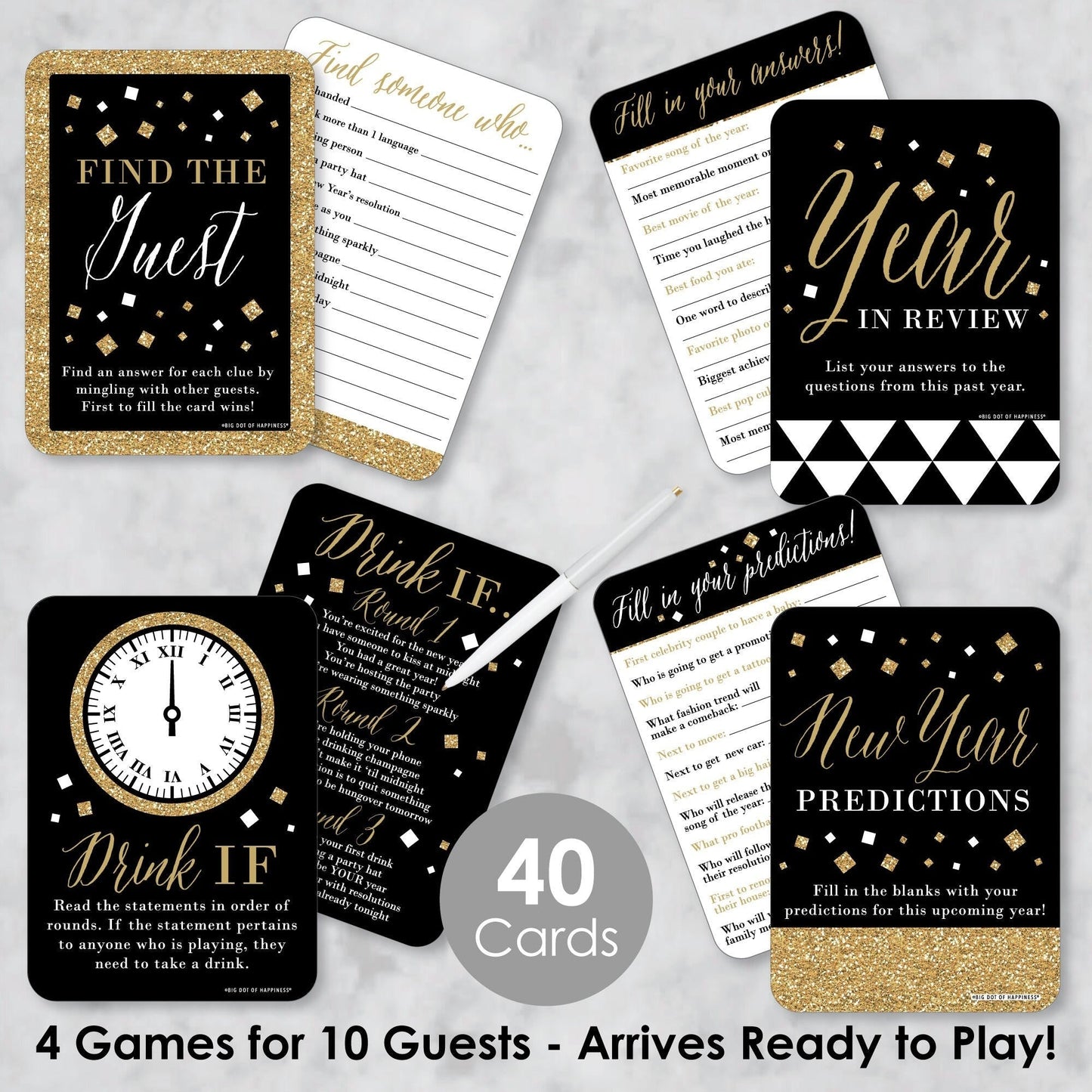 New Year's Eve - Gold - 4 New Years Eve Party Games - 10 Cards Each - Year in Review, Find the Guest, Drink If, New Year Predictions - Gamerific Bundle