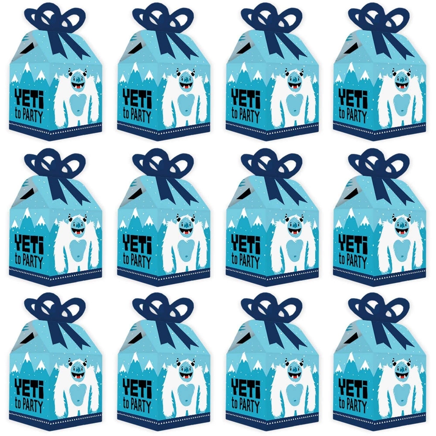 Yeti to Party - Square Favor Gift Boxes - Abominable Snowman Party or Birthday Party Bow Boxes - Set of 12