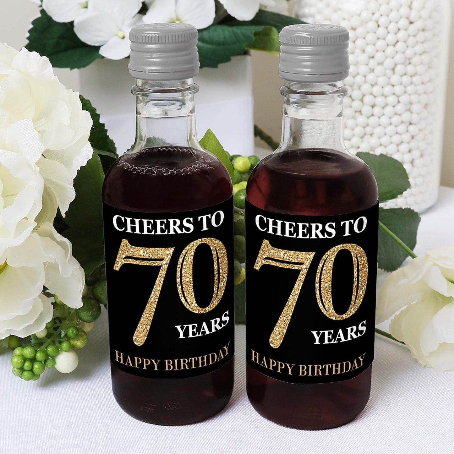 Adult 70th Birthday - Gold - Mini Wine and Champagne Bottle Label Stickers - Birthday Party Favor Gift - For Women and Men - Set of 16