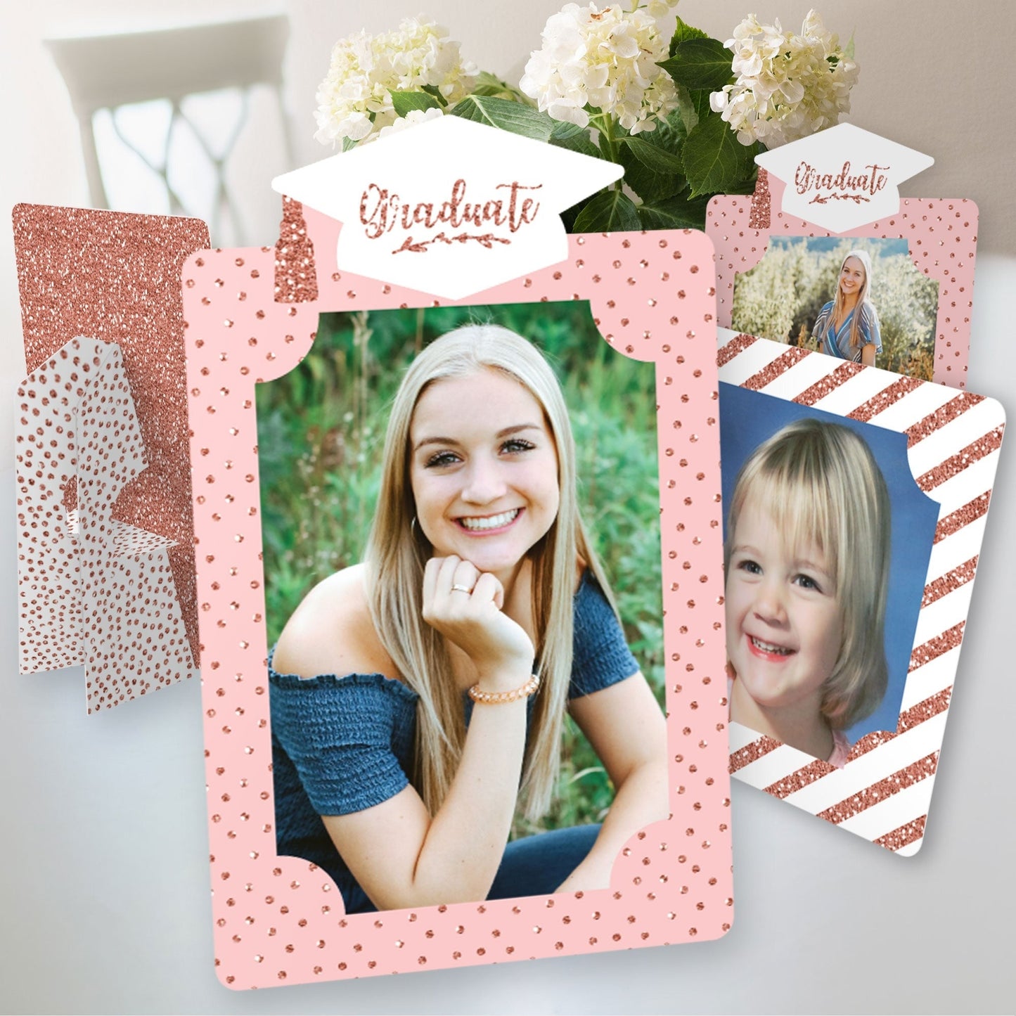 Rose Gold Grad - Graduation Party 4x6 Picture Display - Paper Photo Frames - Set of 12