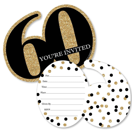 Adult 60th Birthday - Gold - Shaped Fill-In Invitations - Birthday Party Invitation Cards with Envelopes - Set of 12
