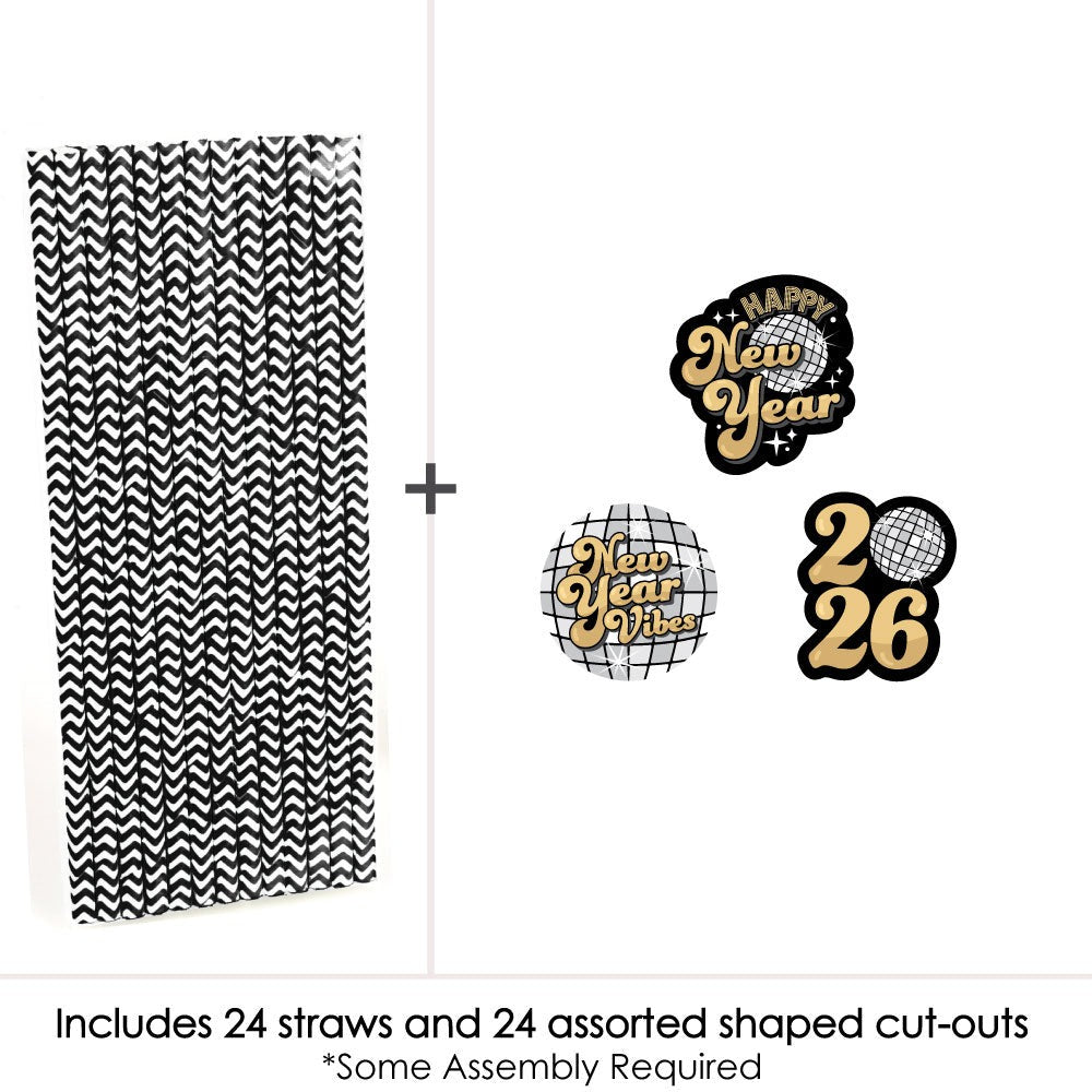 Disco New Year - Paper Straw Decor - Groovy 2026 NYE Party Striped Decorative Straws - Set of 24