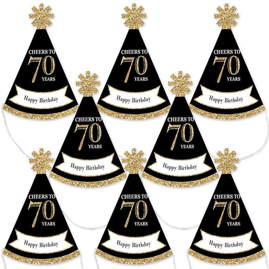 Adult 70th Birthday - Gold - Mini Cone Birthday Party Hats - Small Little Party Hats - Set of 8