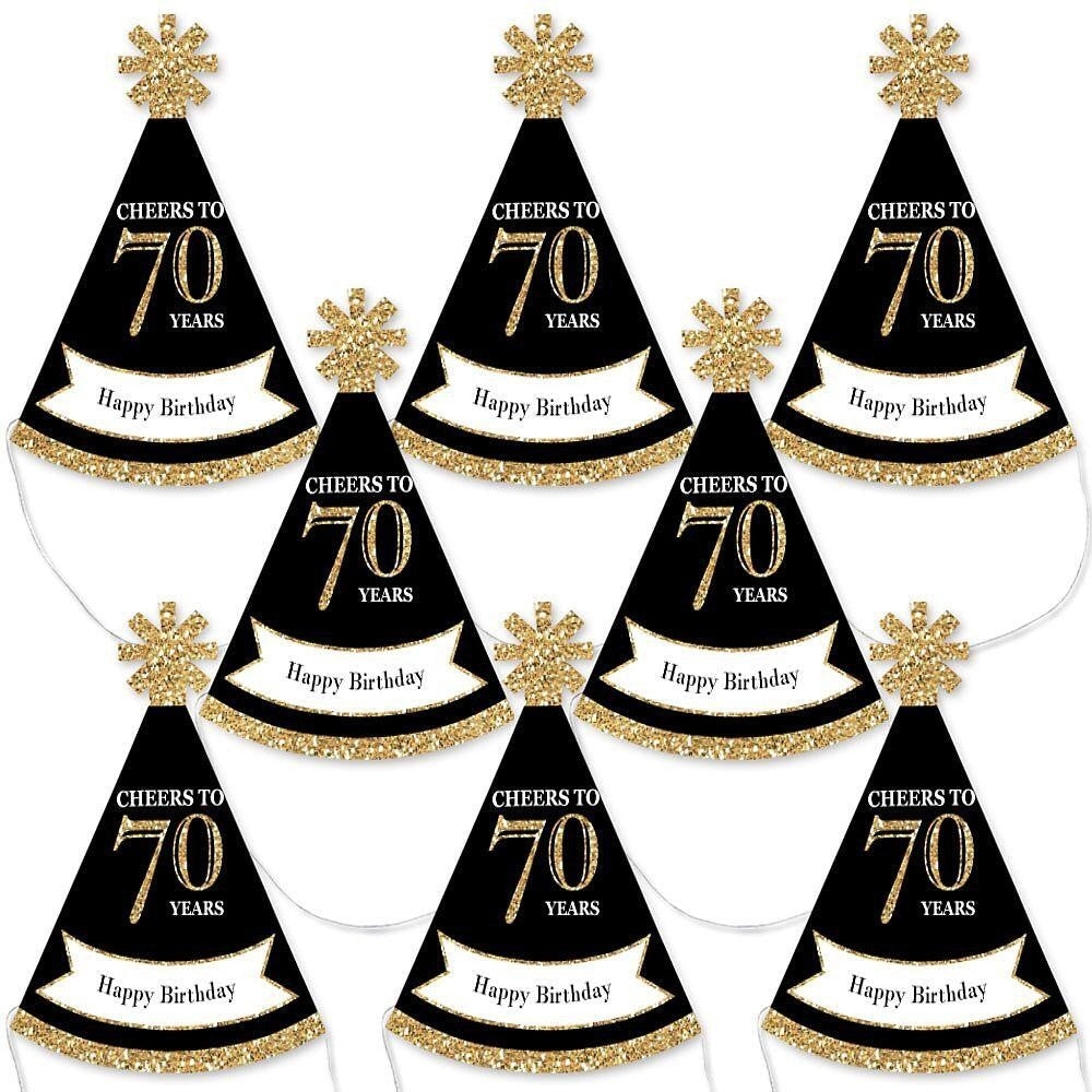 Adult 70th Birthday - Gold - Mini Cone Birthday Party Hats - Small Little Party Hats - Set of 8