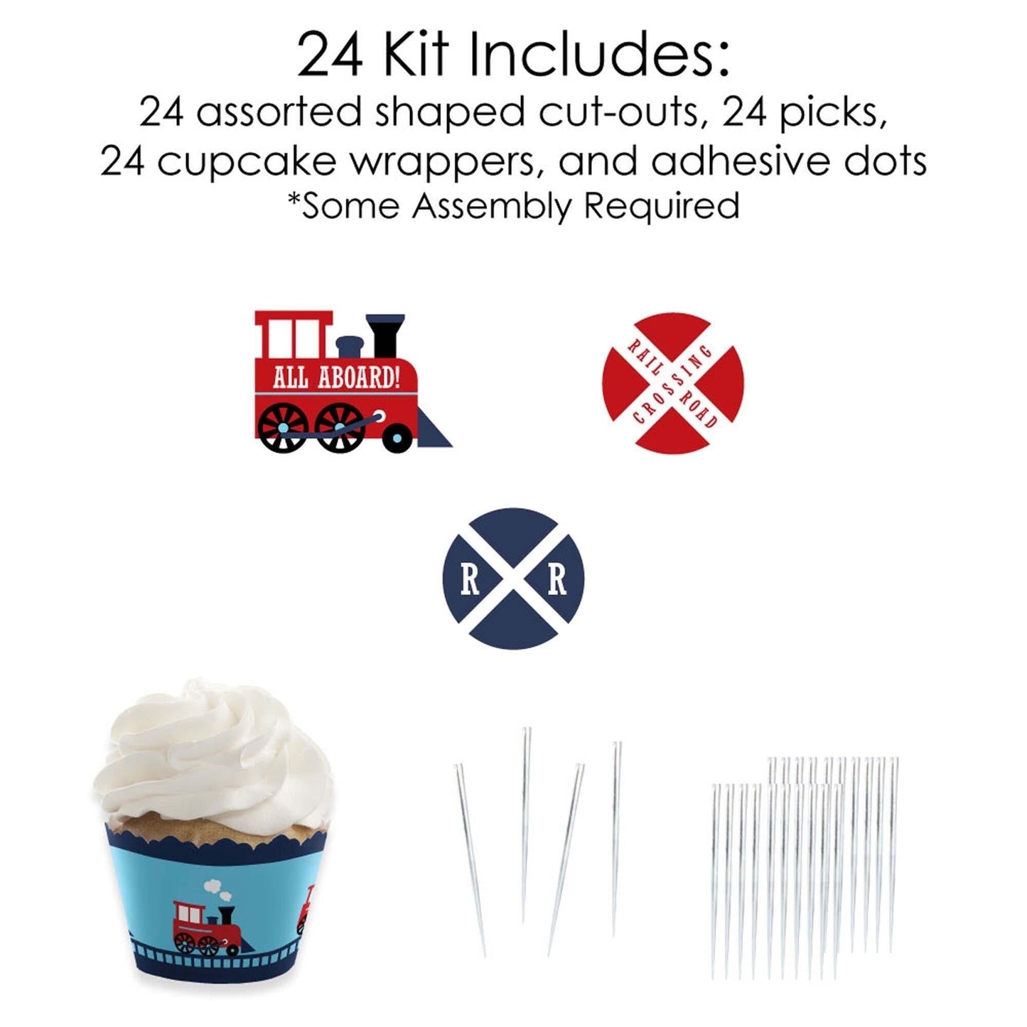 Railroad Party Crossing - Cupcake Decorations - Steam Train Birthday Party or Baby Shower Cupcake Wrappers and Treat Picks Kit - Set of 24