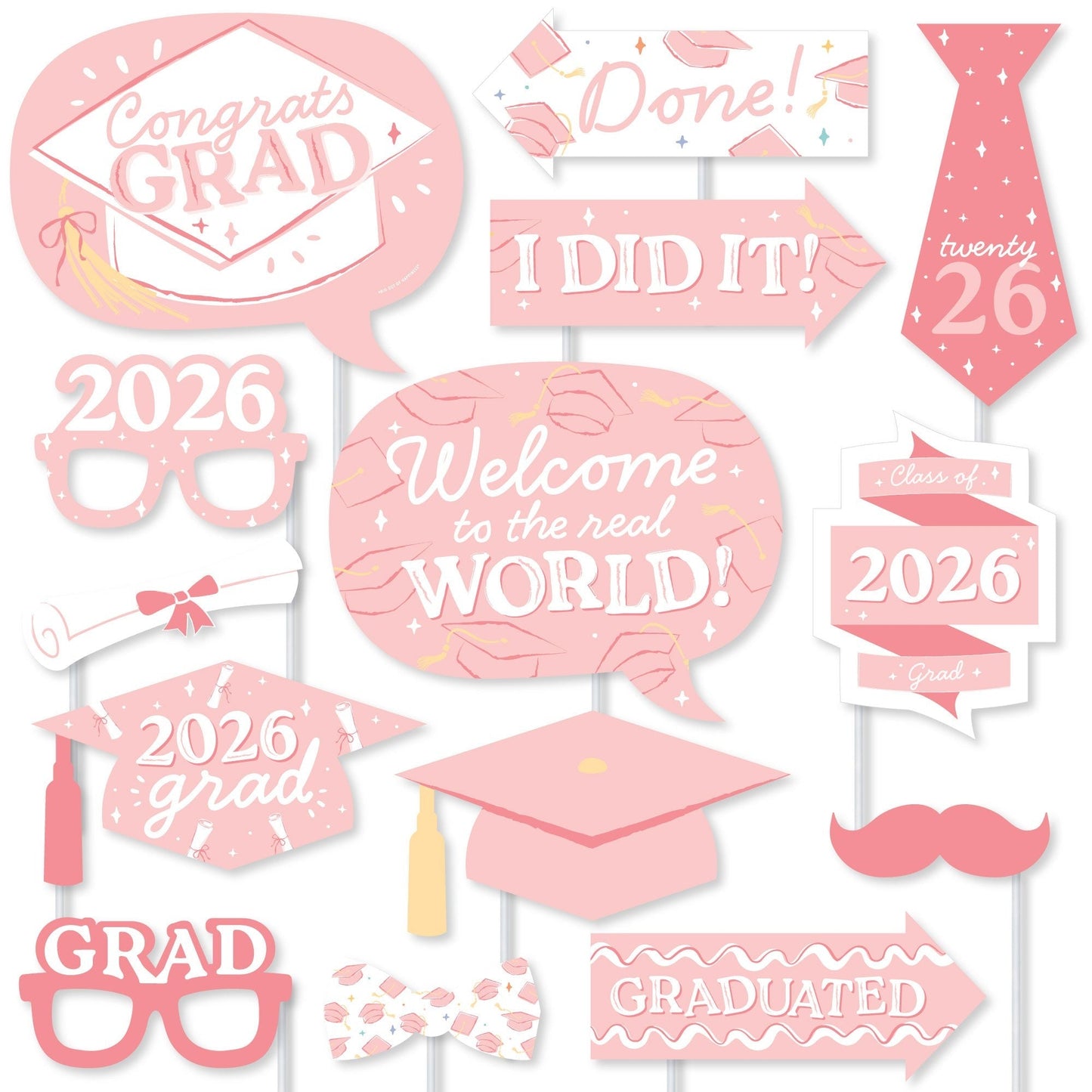 Pastel Grad - 2026 Graduation Party Photo Booth Props Kit - 20 Count