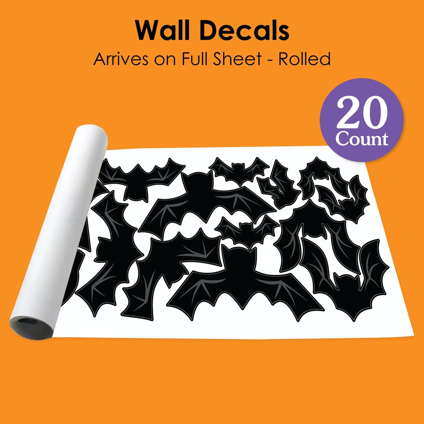 Black Bats - Peel and Stick Halloween Vinyl Wall Art Stickers - Wall Decals - Set of 20