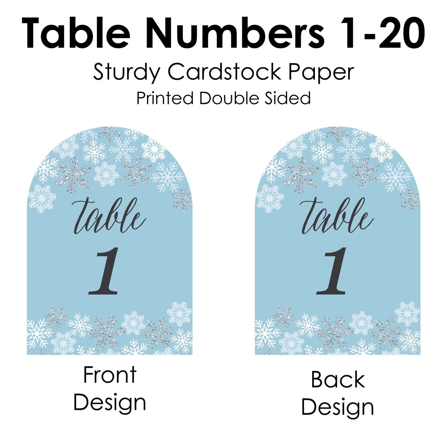 Winter Wonderland - Snowflake Holiday Party and Winter Wedding Double-Sided 5 x 7 inches Cards - Table Numbers - 1-20