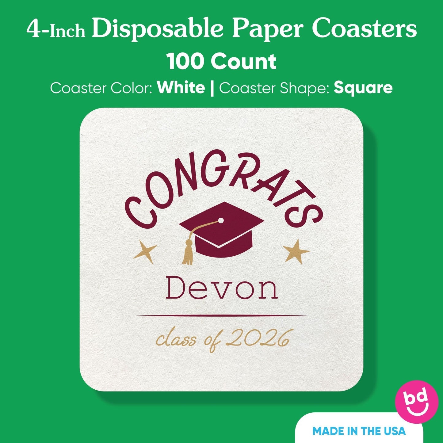 Custom Text Coasters - Maroon Graduation - 100 Ct
