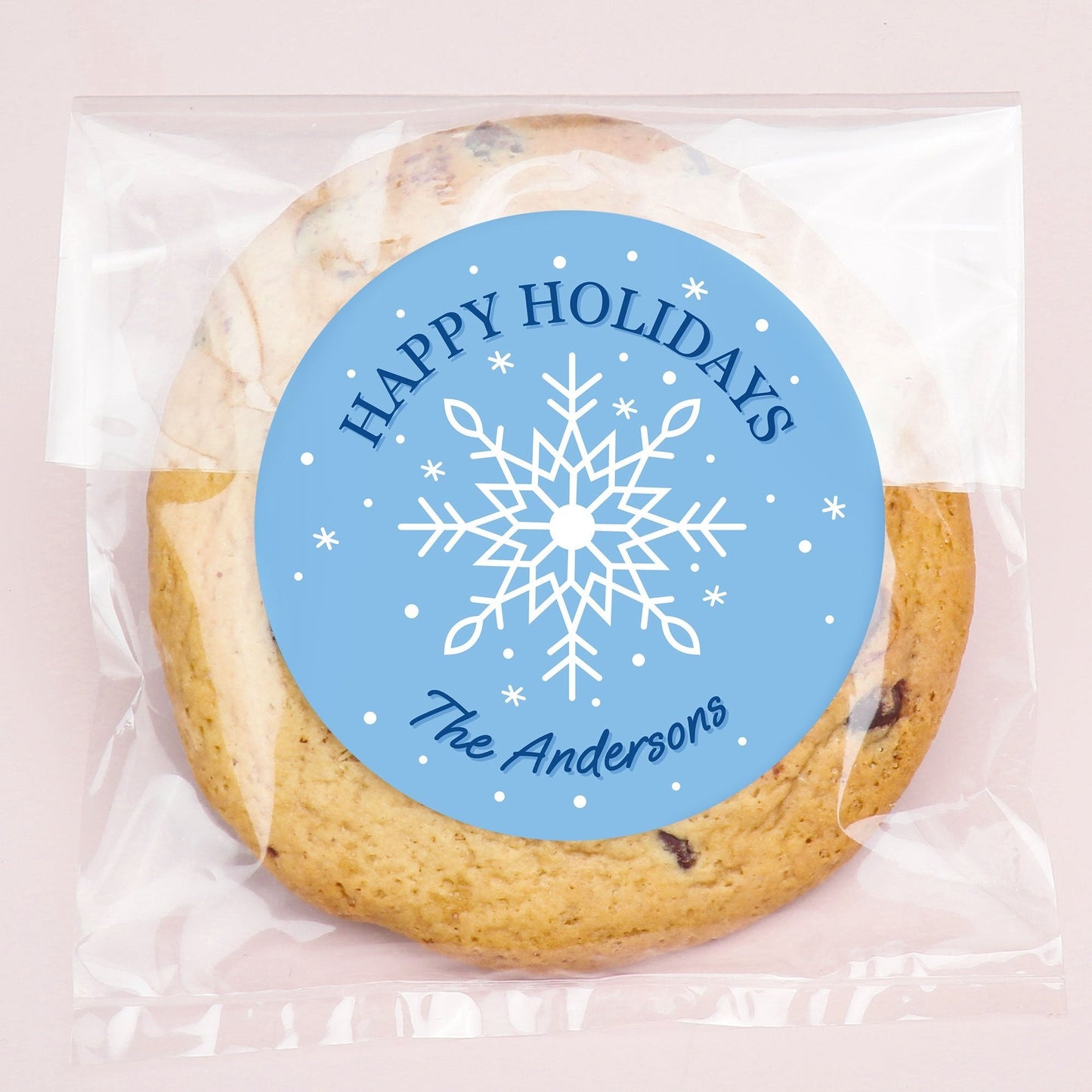 Custom Text Stickers & Clear Cookie Bags - Blue Snowflakes - 25 Ct