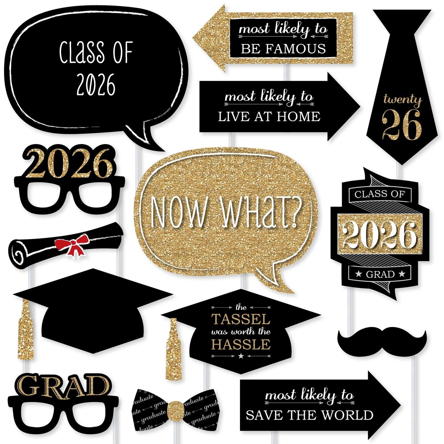 Graduation Party - Gold - 2026 Graduation Party Photo Booth Props Kit - 20 Count