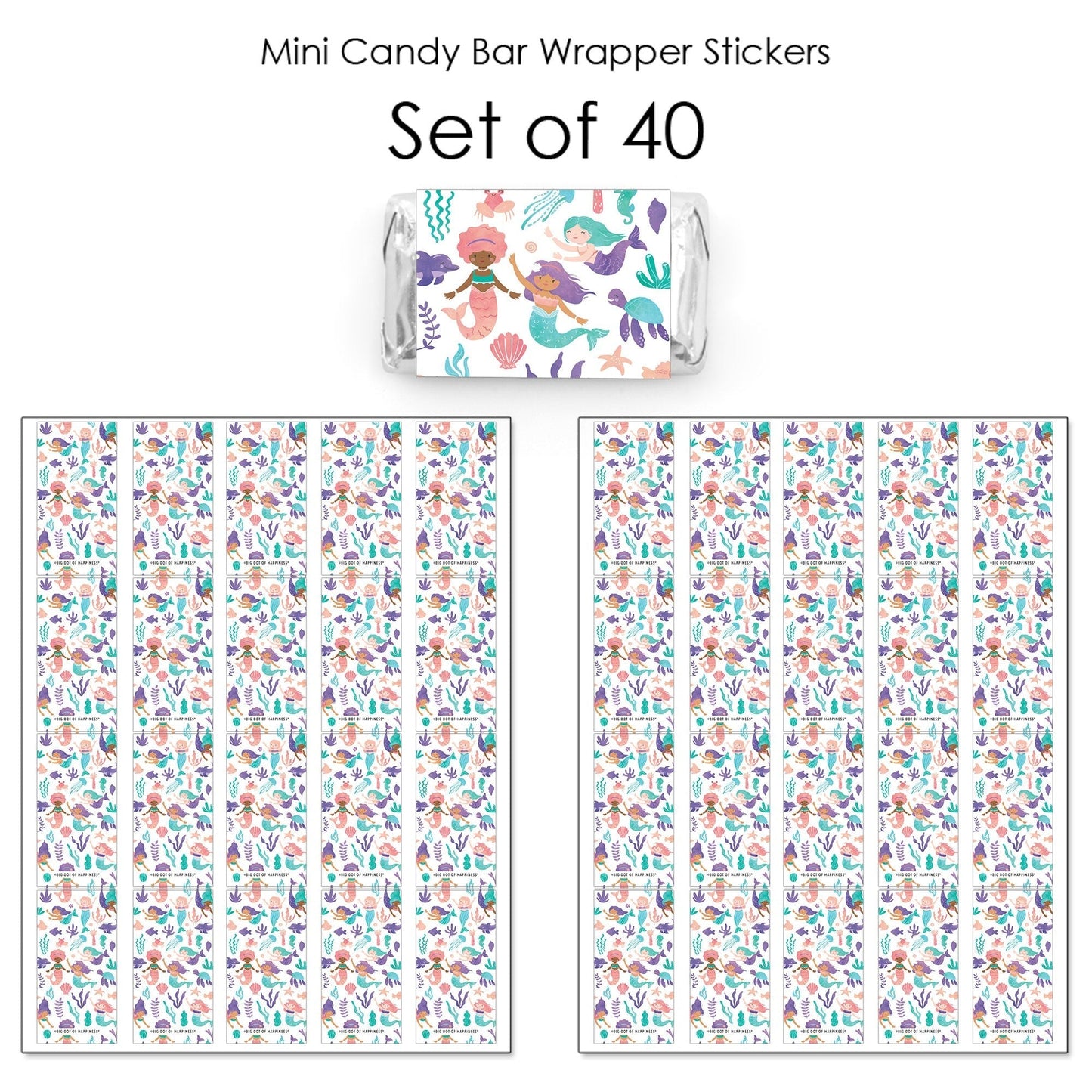 Mermaid Mini Candy Bar Wrapper Stickers - 40 Ct