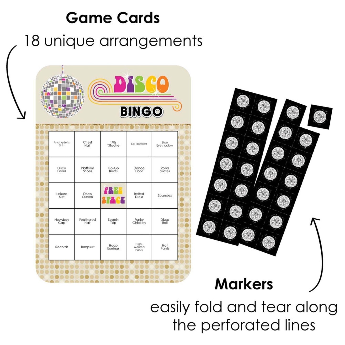 70's Disco - Bar Bingo Cards and Markers - 1970s Disco Fever Party Bingo Game - Set of 18