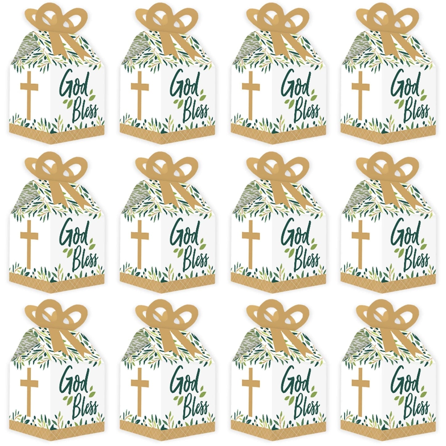 Elegant Cross - Square Favor Gift Boxes - Religious Party Bow Boxes - Set of 12