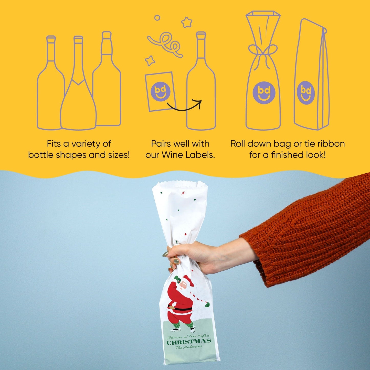 Custom Text Wine Bags - Golfing Santa