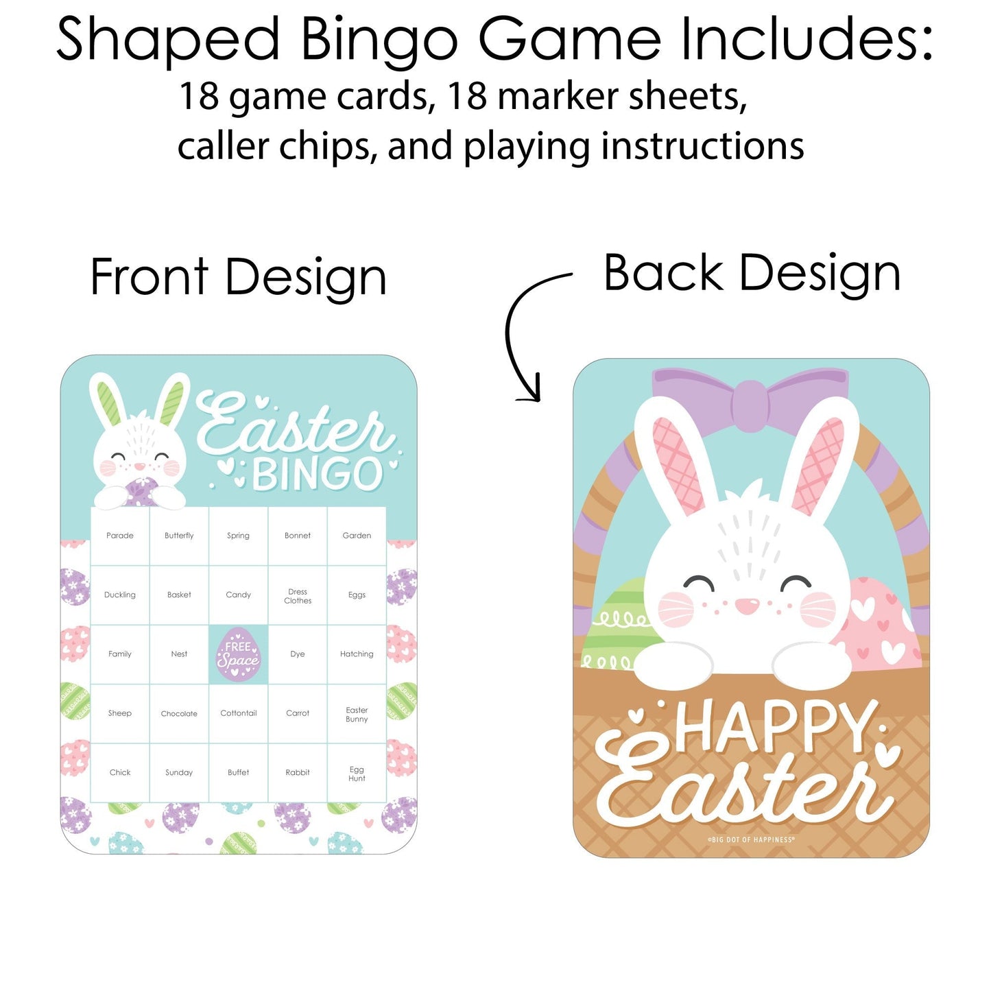 Spring Easter Bunny - Bingo Cards and Markers - Happy Easter Party Bingo Game - Set of 18