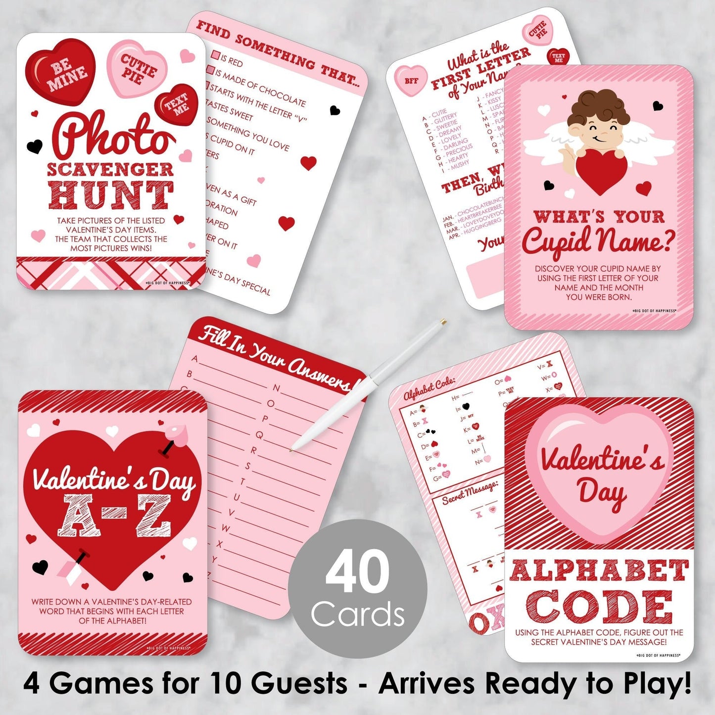 Conversation Hearts - 4 Valentine's Day Games - 10 Cards Each - A-Z, Alphabet Code, What's Your Cupid Name and Photo Scavenger Hunt - Gamerific Bundle