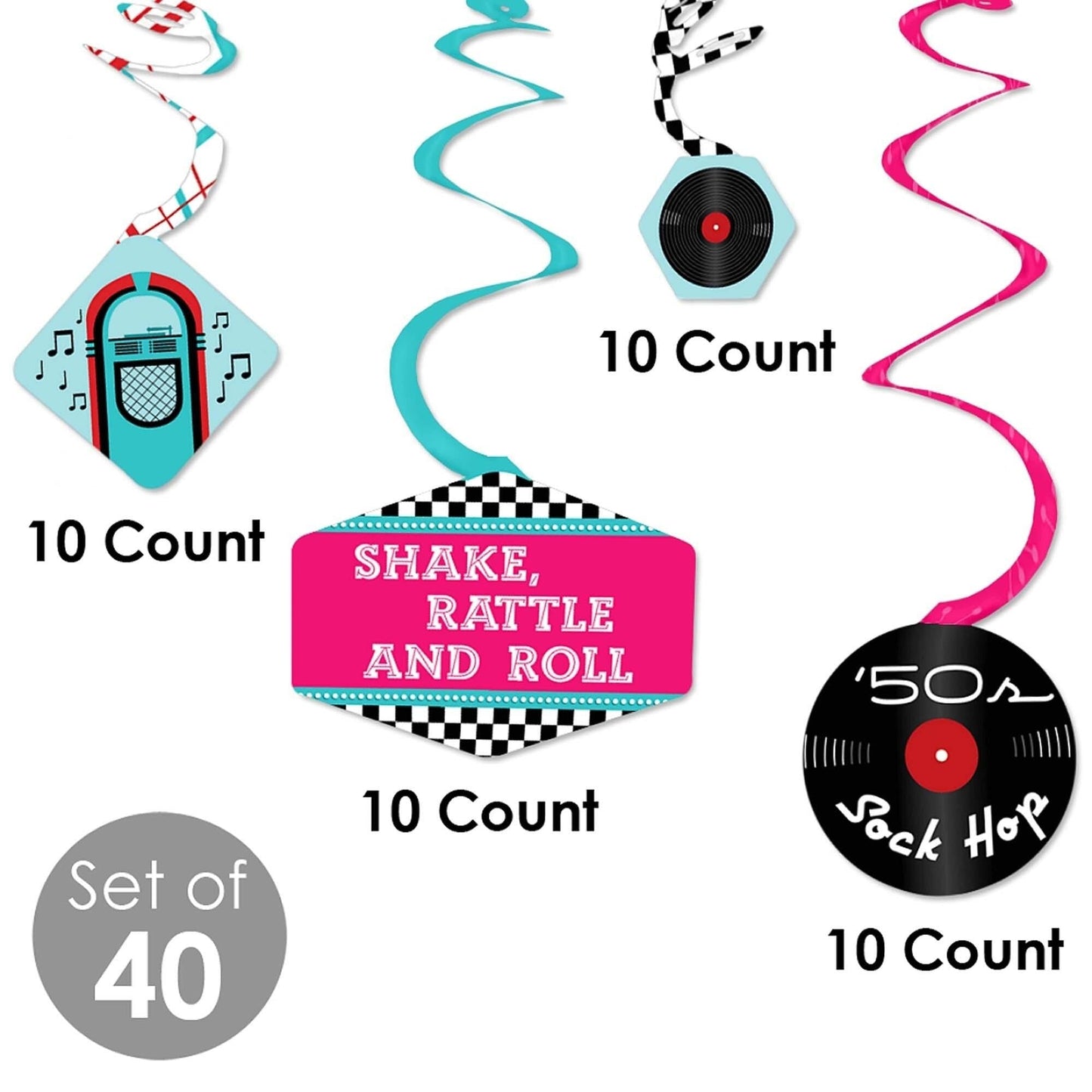 50's Sock Hop - 1950s Rock N Roll Party Hanging Decor - Party Decoration Swirls - Set of 40